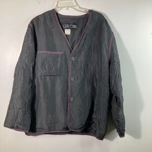 Gene Ewing Silk Jacket Women's P Swirl Embroidery V-Neck Button Front Gray